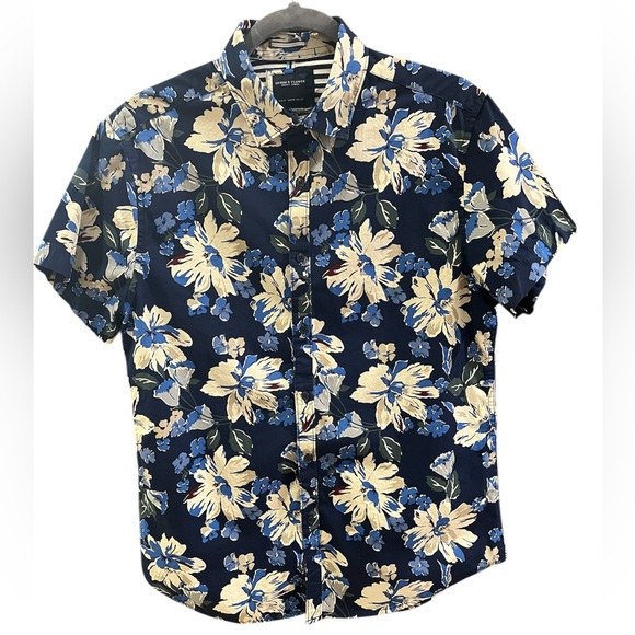Denim & Flower Ricky Singh Hawaiian Button Men’s Shirt M Floral Blue Tan Green - Picture 1 of 11